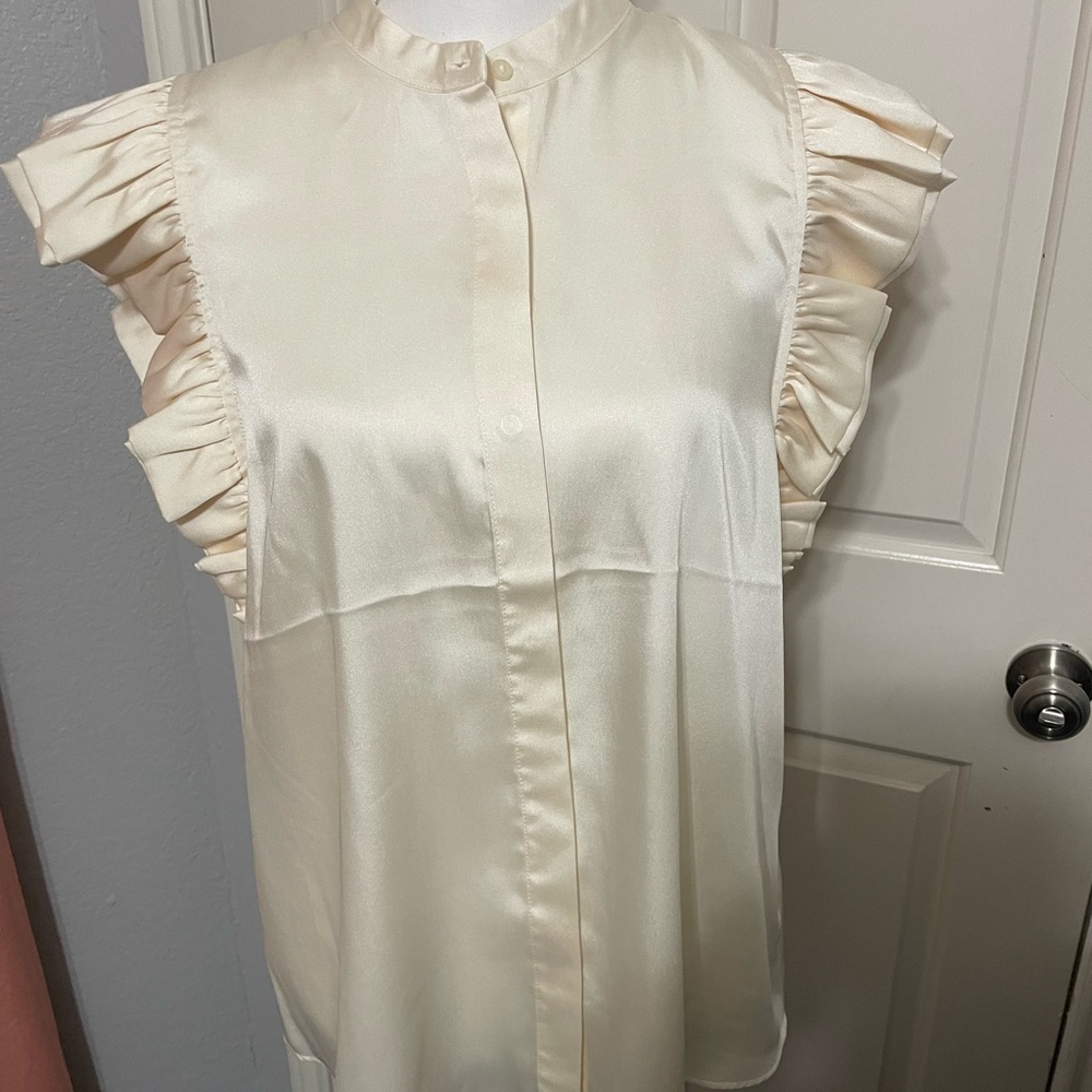 Express Cream Ruffled Sleeveless Top with Mandarin Collar